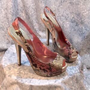 Women’s Madden Girl Pink & Black Snakeskin Peep Toe Sling Backs 5” Heel Size 7.5
